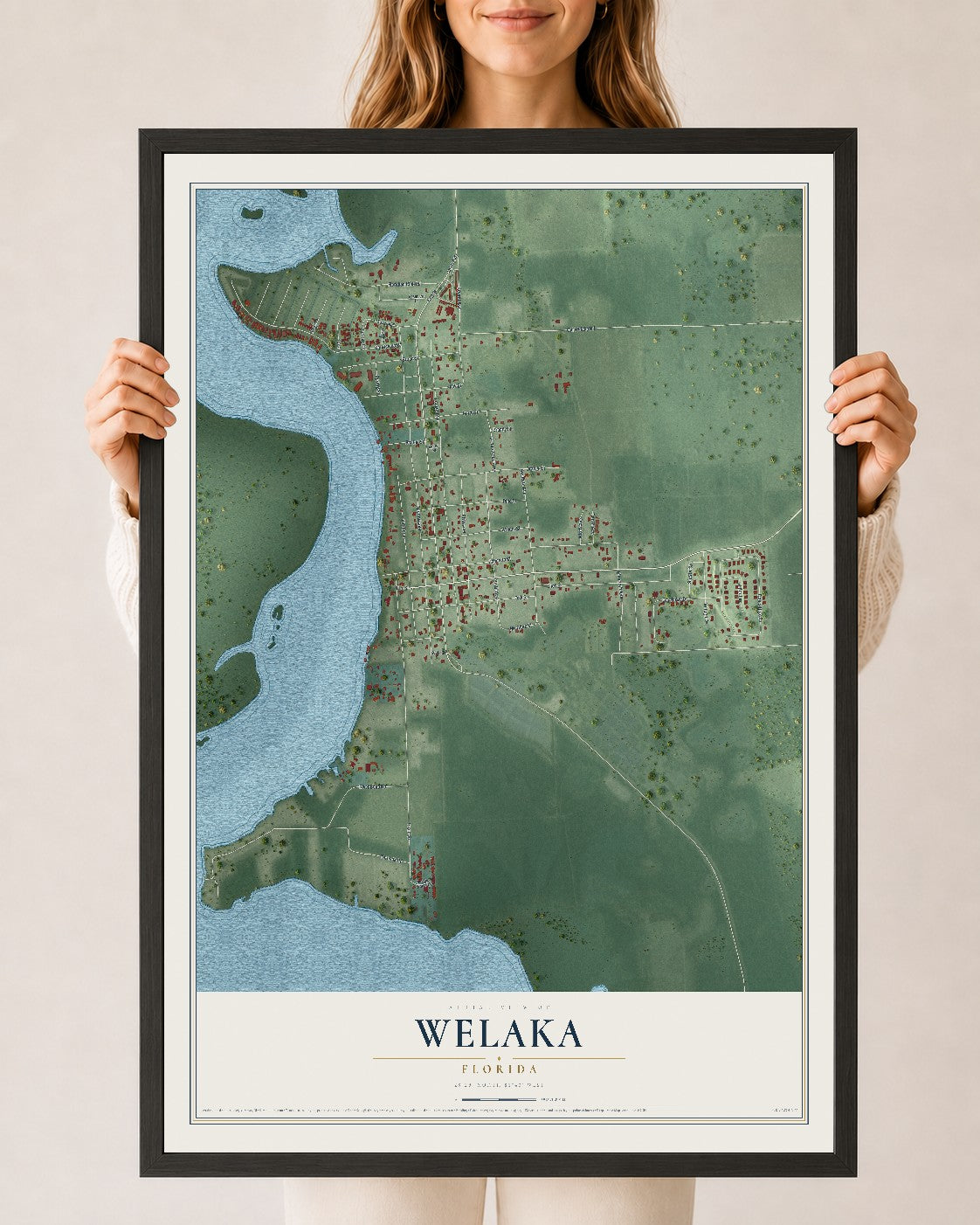 Welaka, Florida map print, 24" x 36" W/ Black Ayous Wood Frame mockup