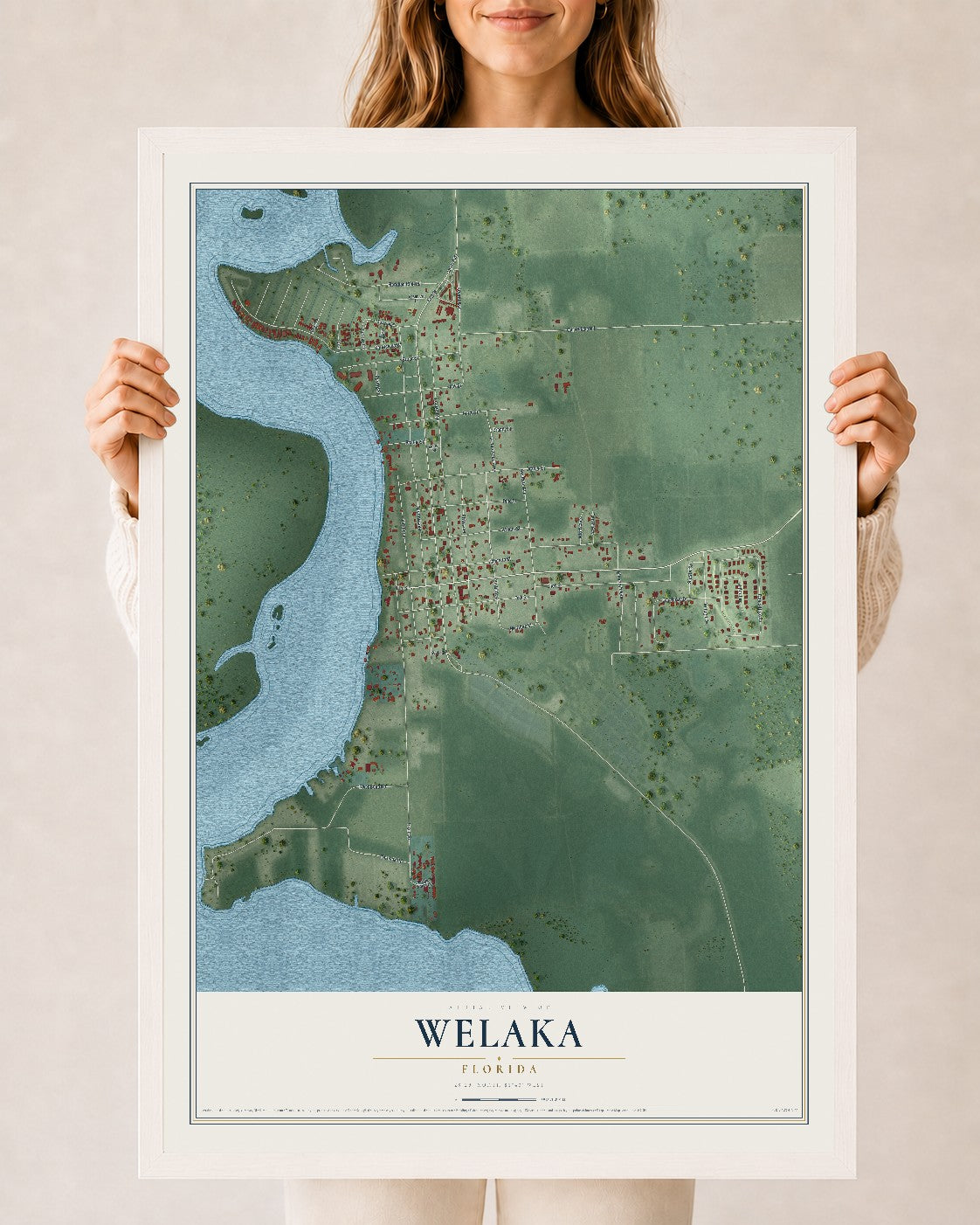 Welaka, Florida map print, 24" x 36" W/ White Ayous Wood Frame mockup