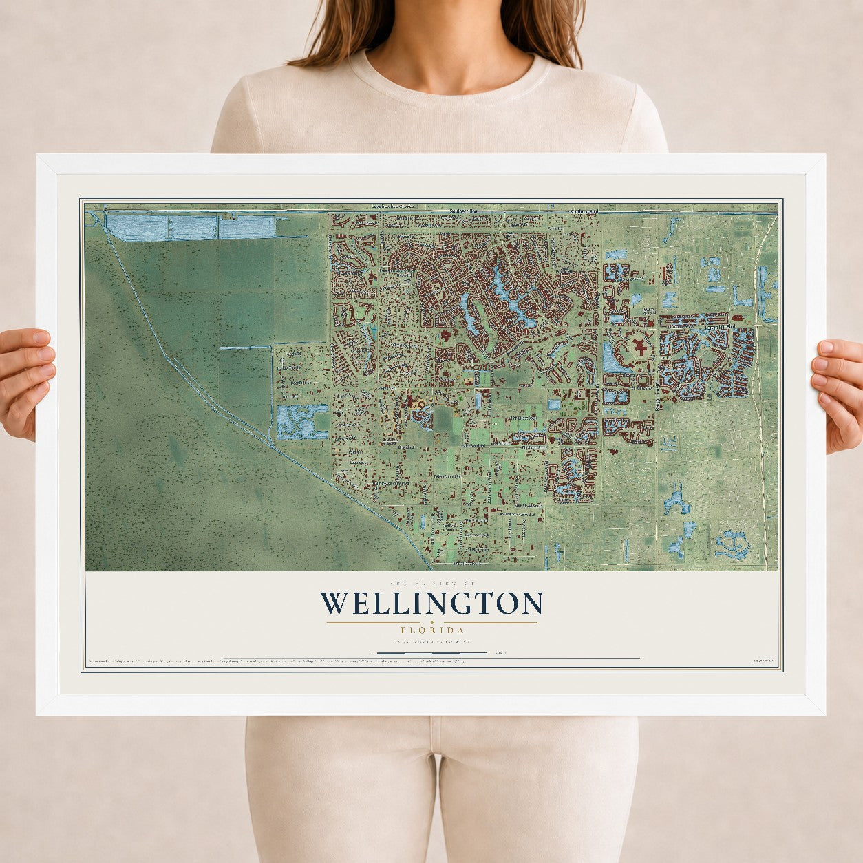 Wellington, Florida map print, 18" x 24" W/ White Ayous Wood Frame mockup