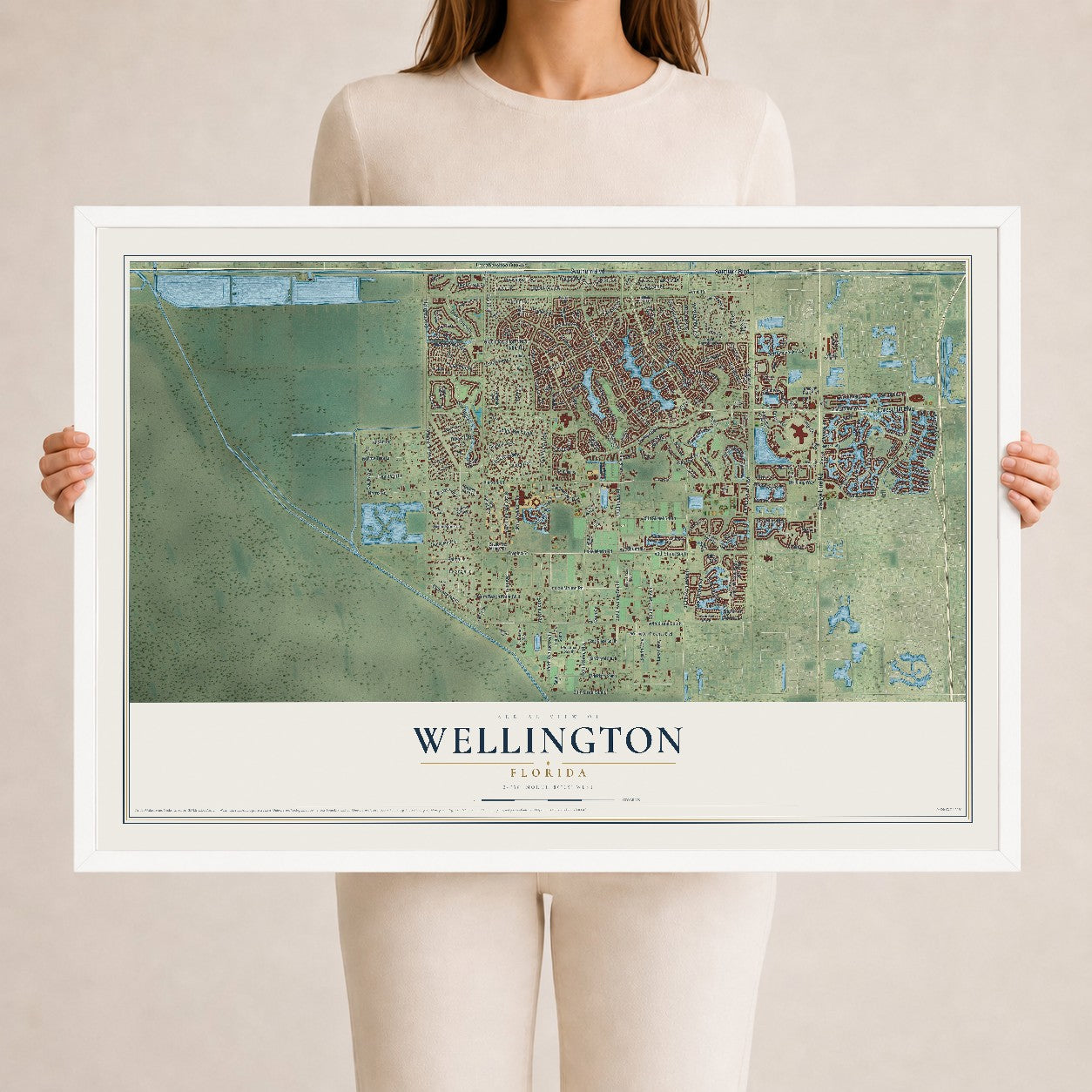 Wellington, Florida map print, 24" x 36" W/ White Ayous Wood Frame mockup