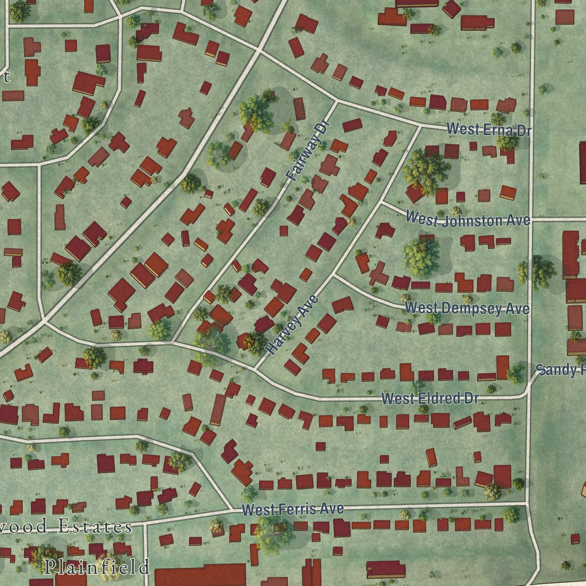 Close-up of the map of Wellswood, Florida print showing street and building detail