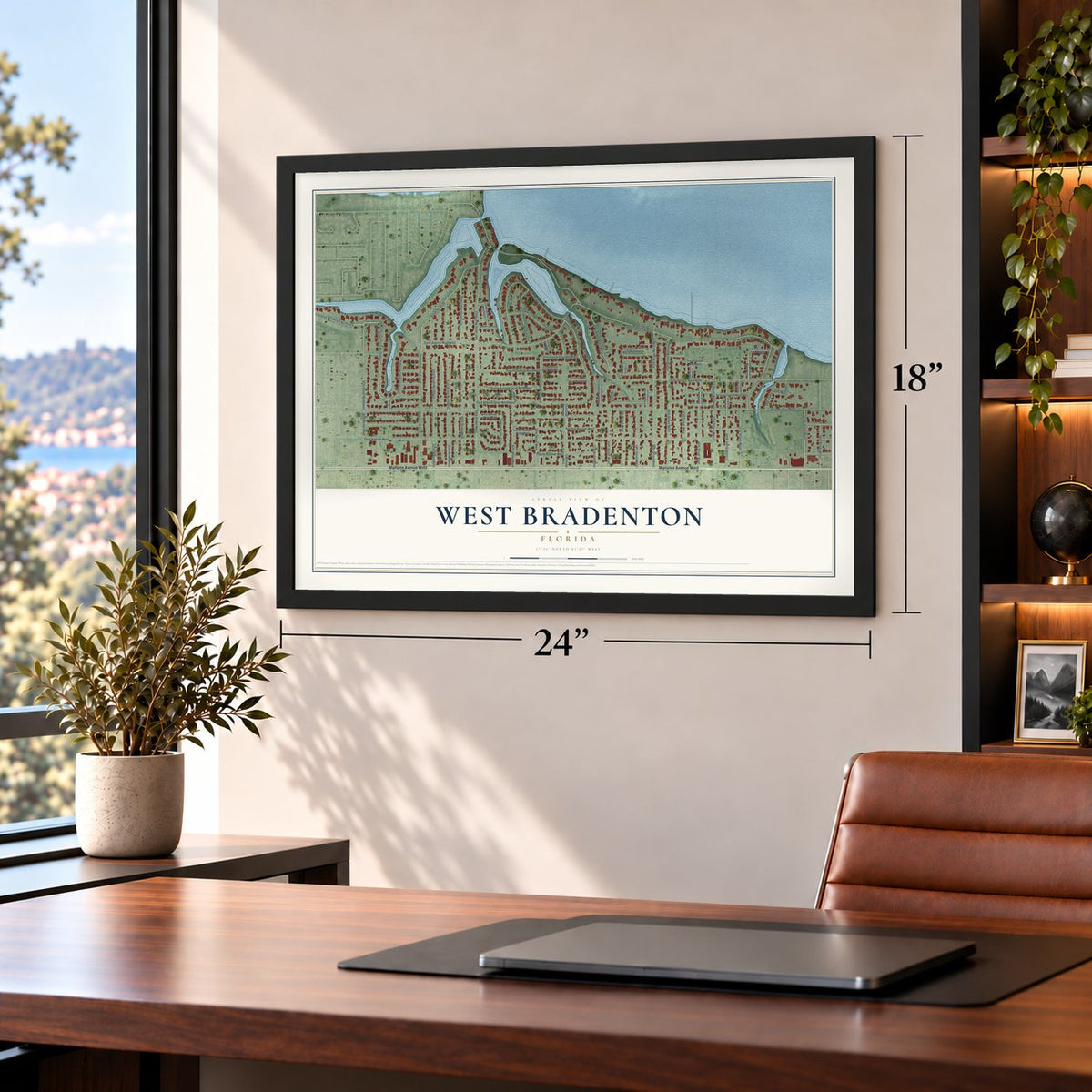 West Bradenton, Florida map, 18 x 24 inch print in a black frame in a home office