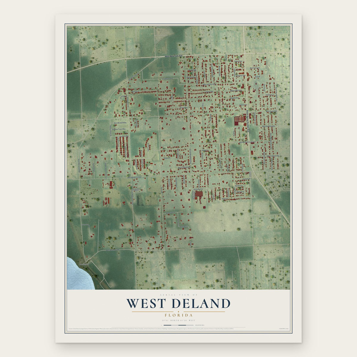 West DeLand, Florida map print, the full design