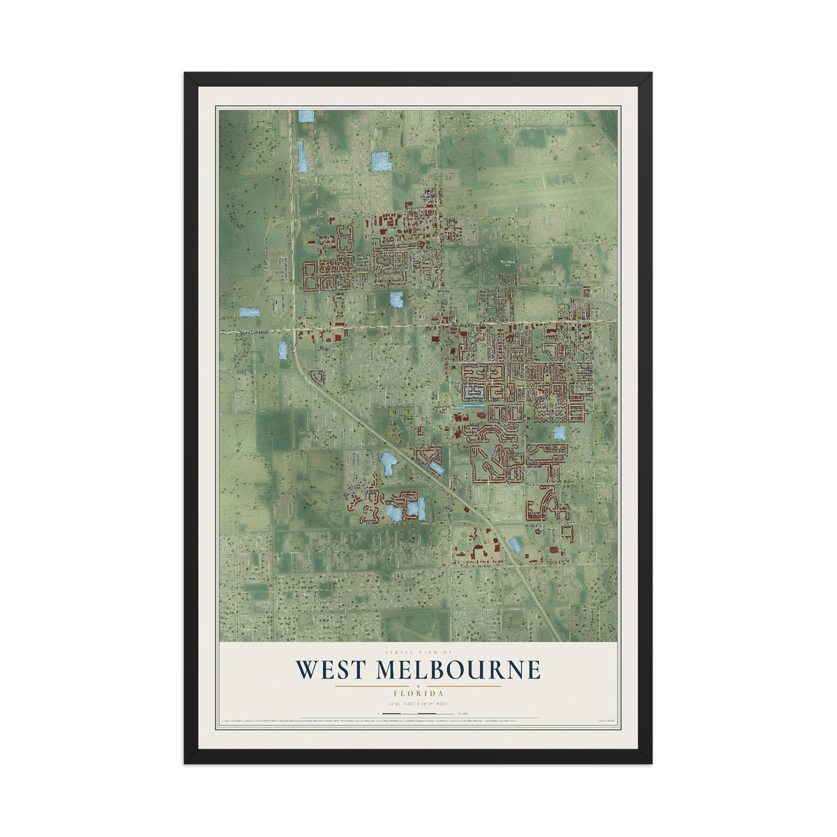 West Melbourne, Florida map print, 12" x 18" W/ Black Ayous Wood Frame mockup
