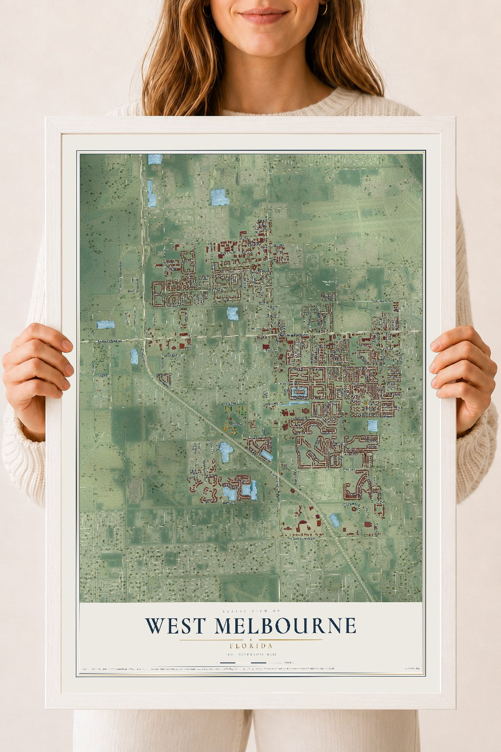 West Melbourne, Florida map print, 18" x 24" W/ White Ayous Wood Frame mockup
