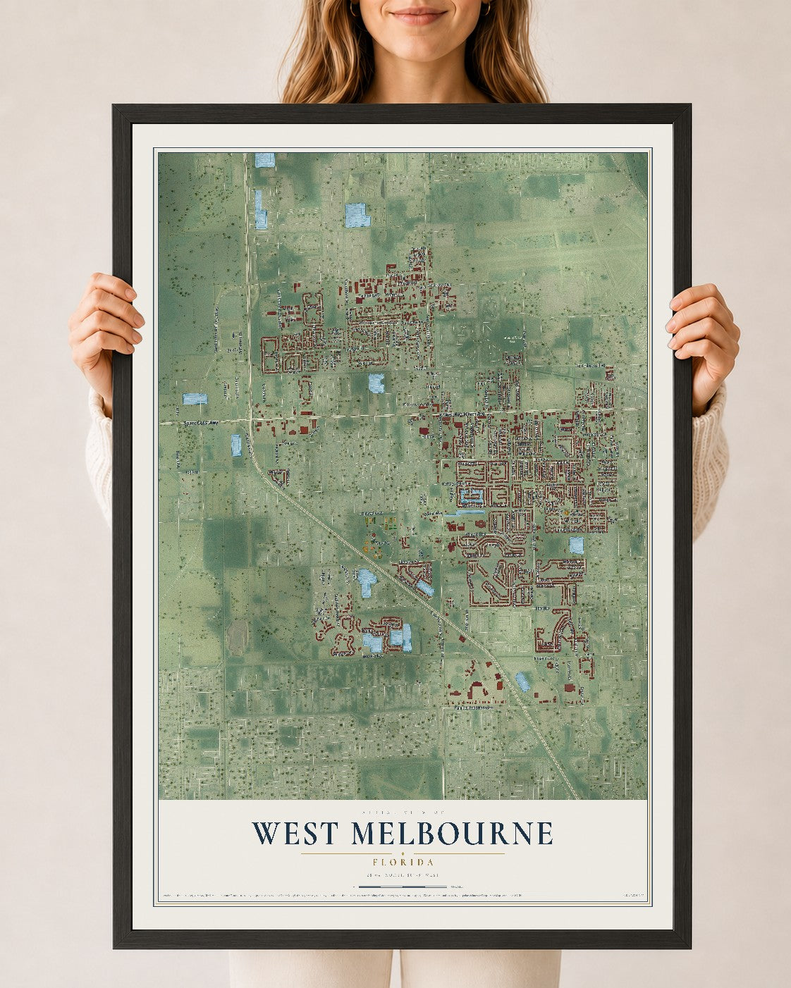West Melbourne, Florida map print, 24" x 36" W/ Black Ayous Wood Frame mockup
