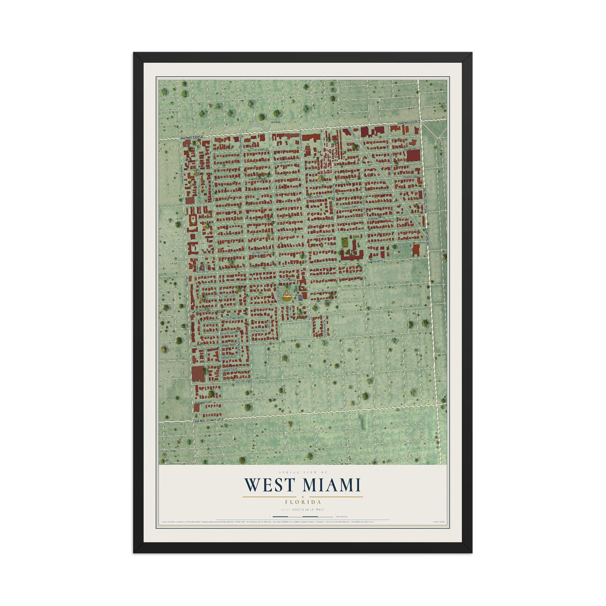 West Miami, Florida map print, 12" x 18" W/ Black Ayous Wood Frame mockup