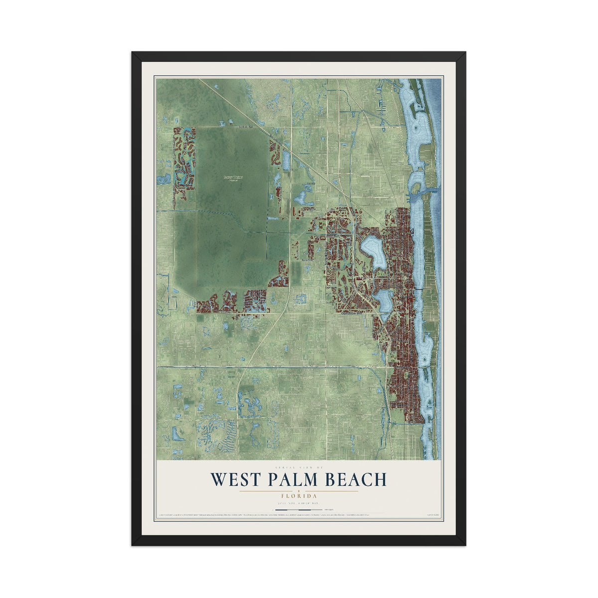 West Palm Beach, Florida map print, 12" x 18" W/ Black Ayous Wood Frame mockup