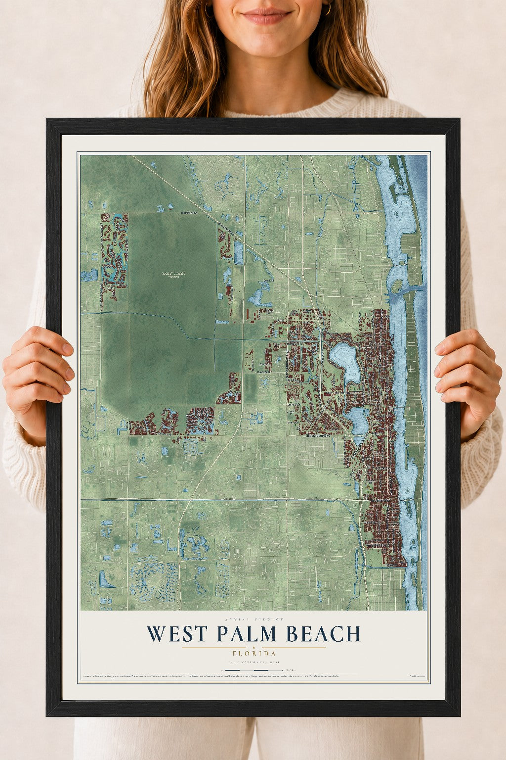 West Palm Beach, Florida map print, 18" x 24" W/ Black Ayous Wood Frame mockup