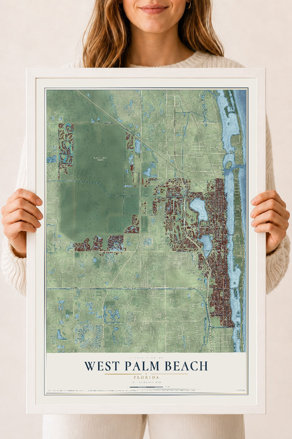 West Palm Beach, Florida map print, 18" x 24" W/ White Ayous Wood Frame mockup