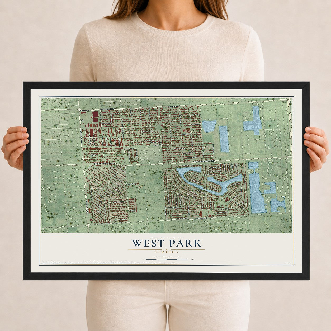 West Park, Florida map print, 12" x 18" W/ Black Ayous Wood Frame mockup