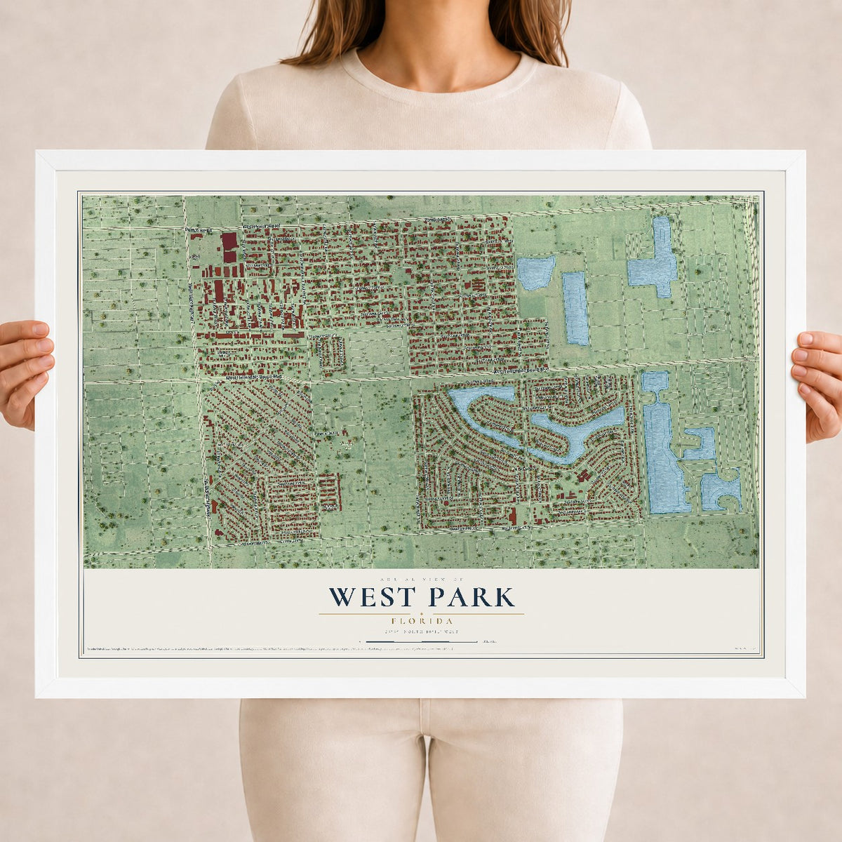 West Park, Florida map print, 18" x 24" W/ White Ayous Wood Frame mockup