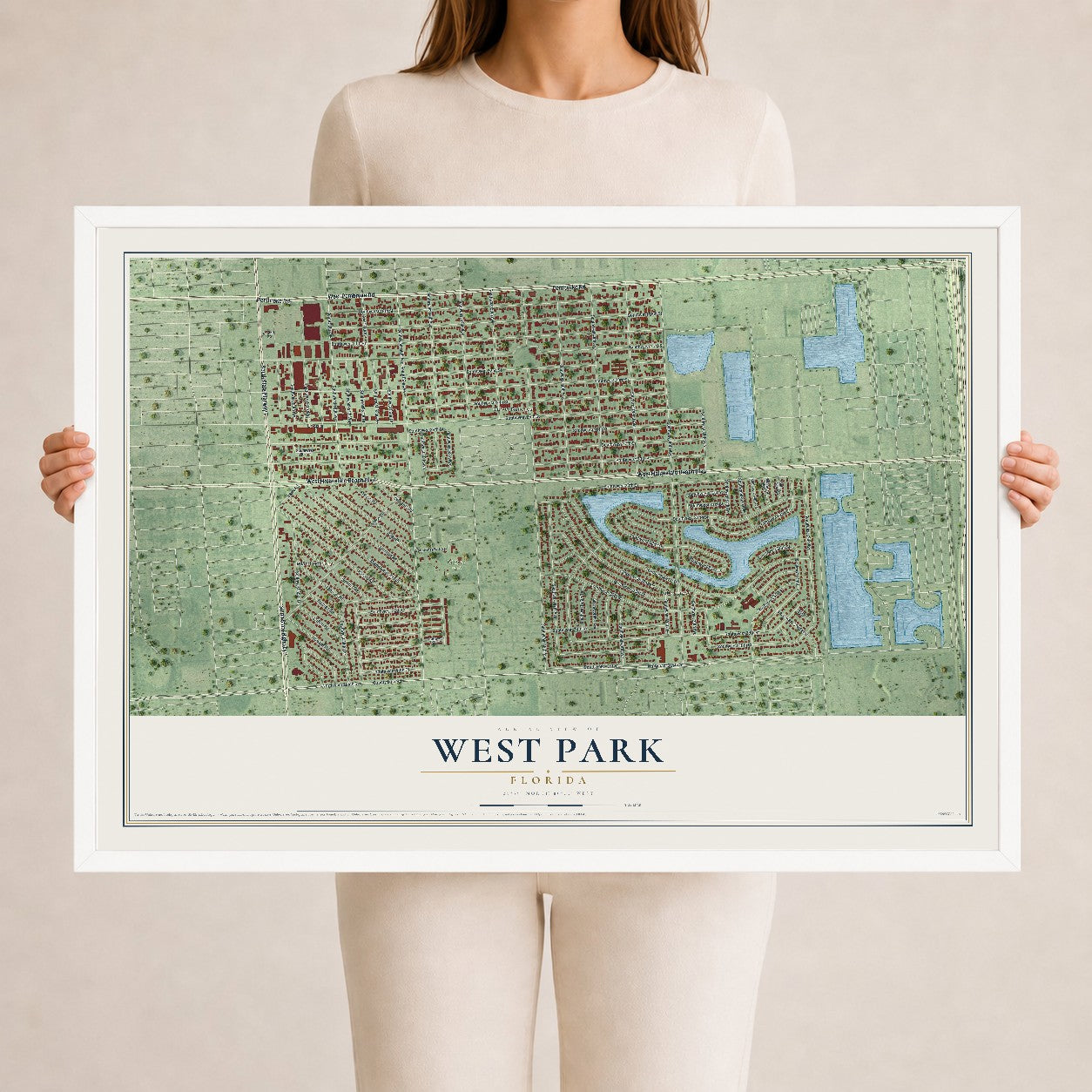 West Park, Florida map print, 24" x 36" W/ White Ayous Wood Frame mockup