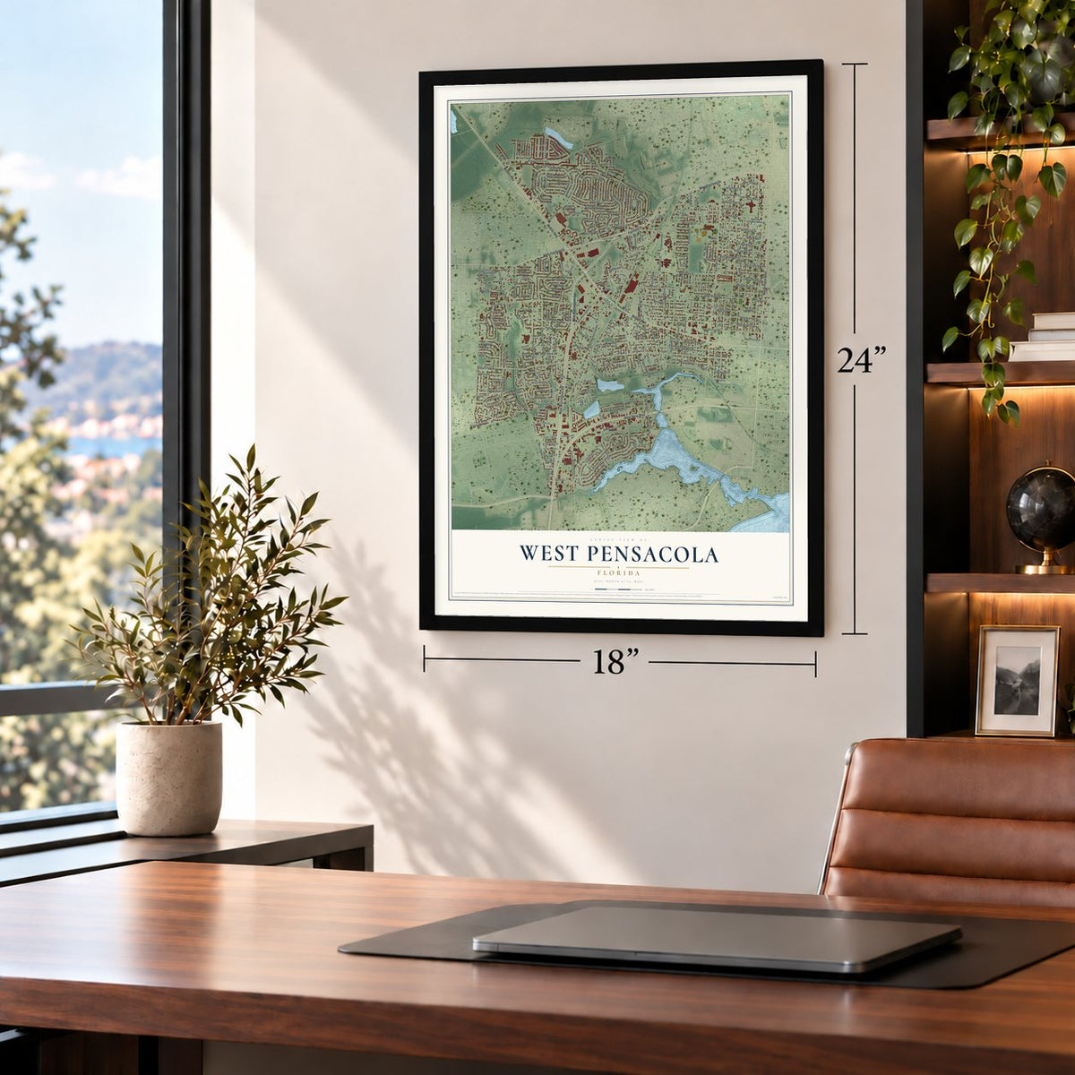 West Pensacola, Florida map, 18 x 24 inch print in a black frame in a home office