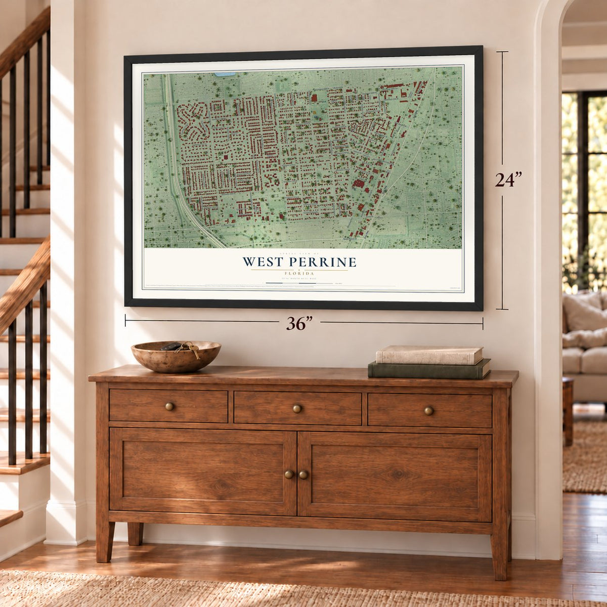 West Perrine, Florida map, 24 x 36 inch print in a black frame above a dresser by a staircase