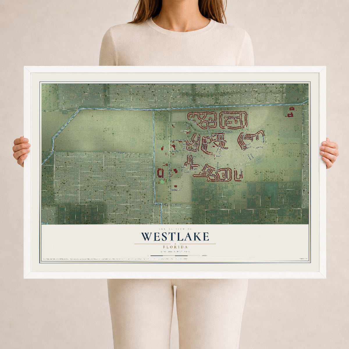 Westlake, Florida map print, 24" x 36" W/ White Ayous Wood Frame mockup