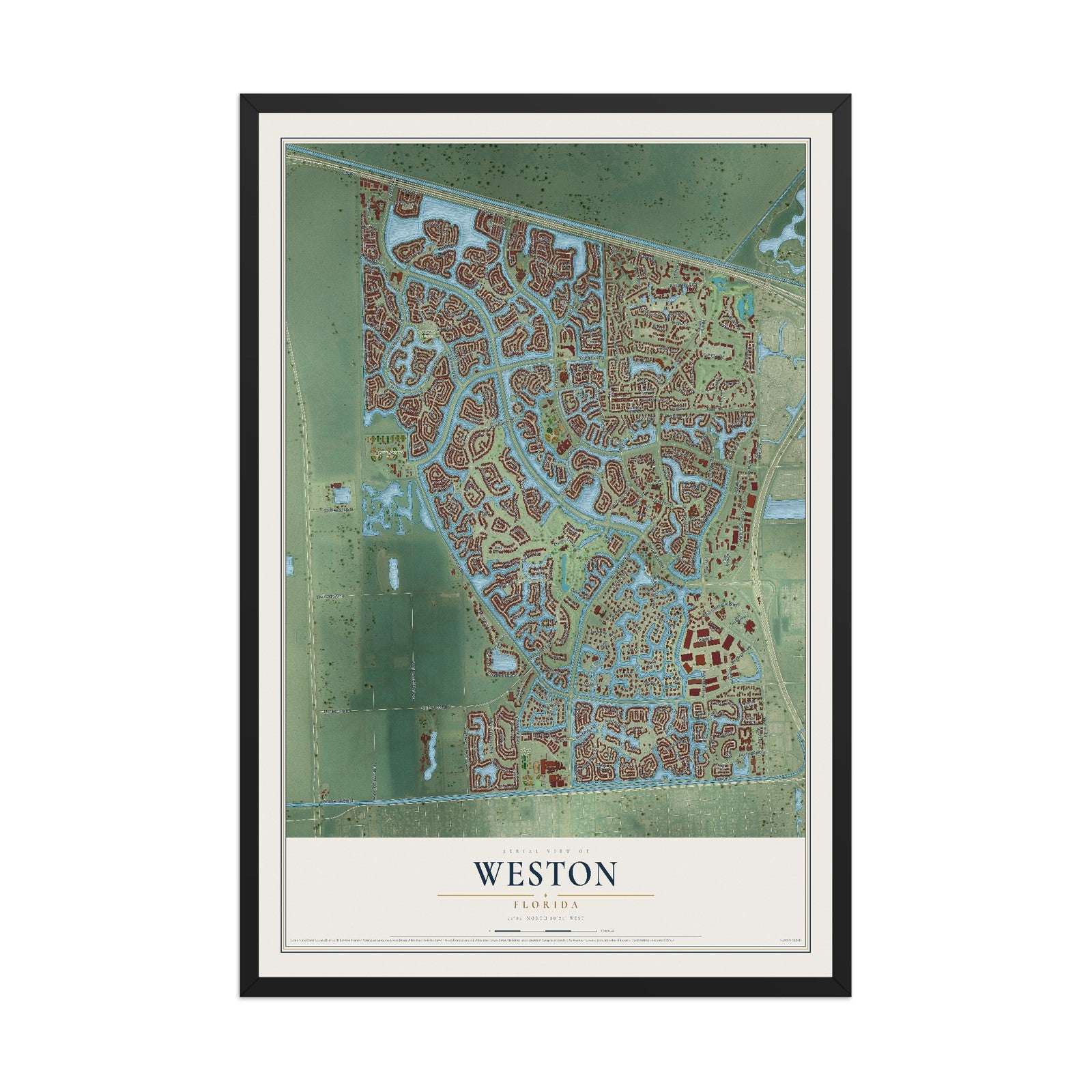 Weston, Florida map print, 12" x 18" W/ Black Ayous Wood Frame mockup