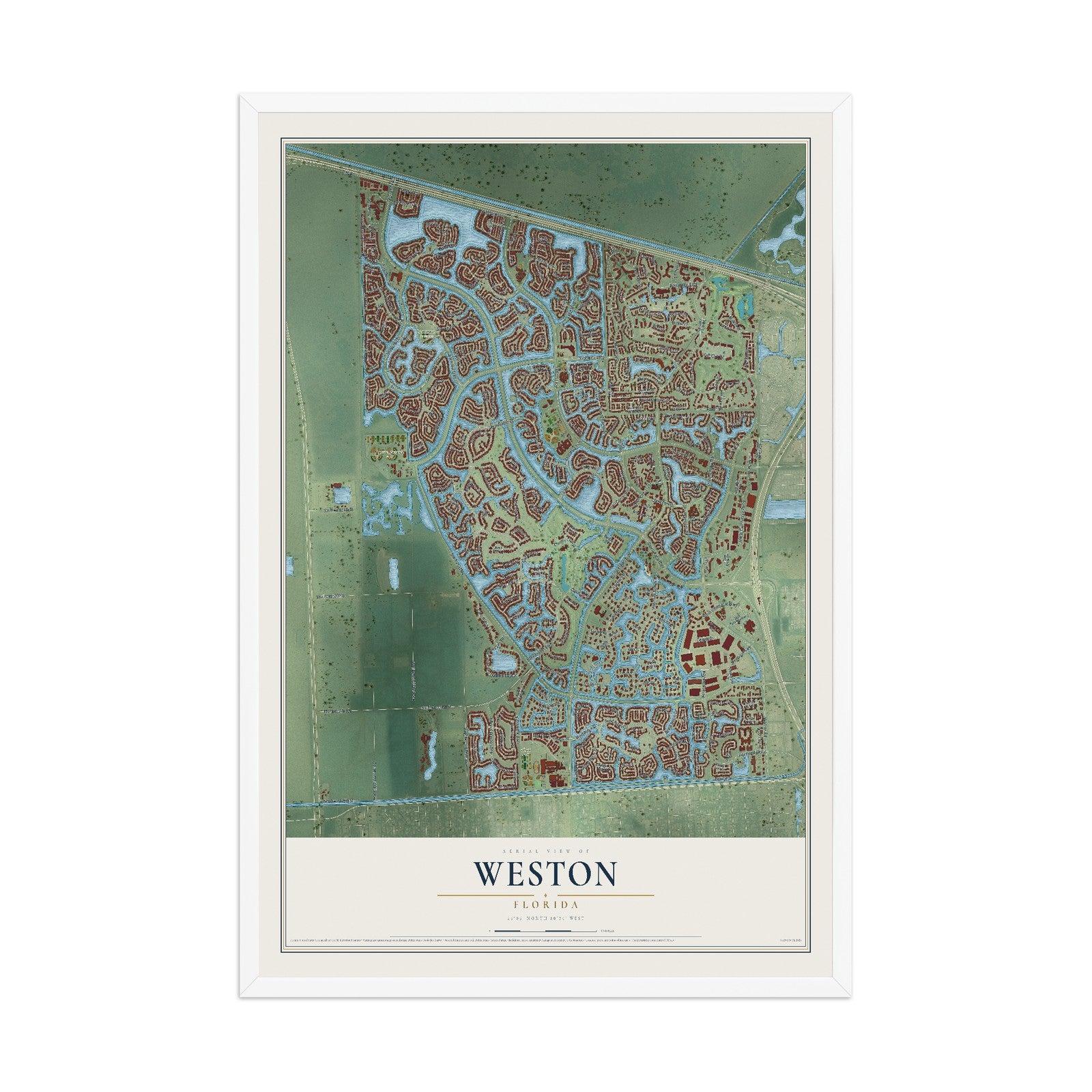 Weston, Florida map print, 12" x 18" W/ White Ayous Wood Frame mockup