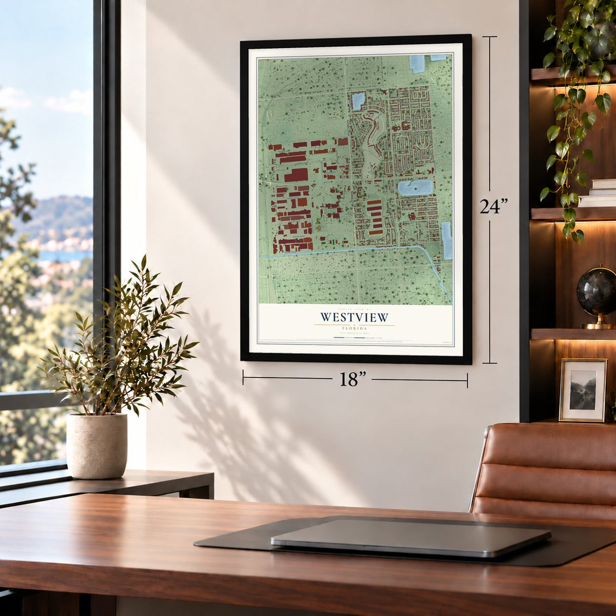 Westview, Florida map, 18 x 24 inch print in a black frame in a home office