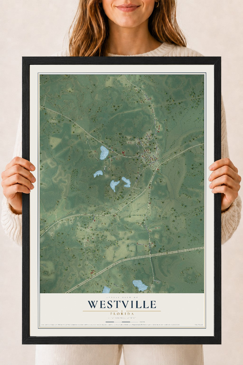Westville, Florida map print, 18" x 24" W/ Black Ayous Wood Frame mockup