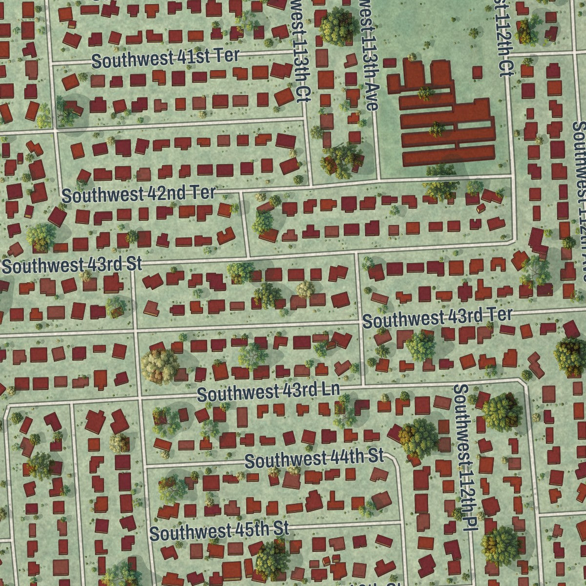 Close-up of the map of Westwood Lakes, Florida print showing street and building detail