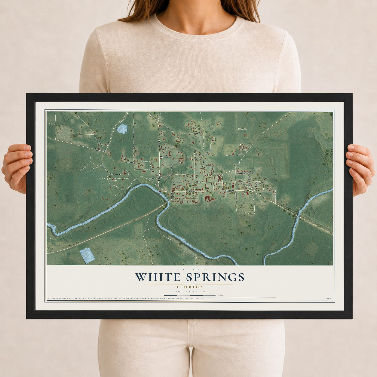 White Springs, Florida map print, 12" x 18" W/ Black Ayous Wood Frame mockup
