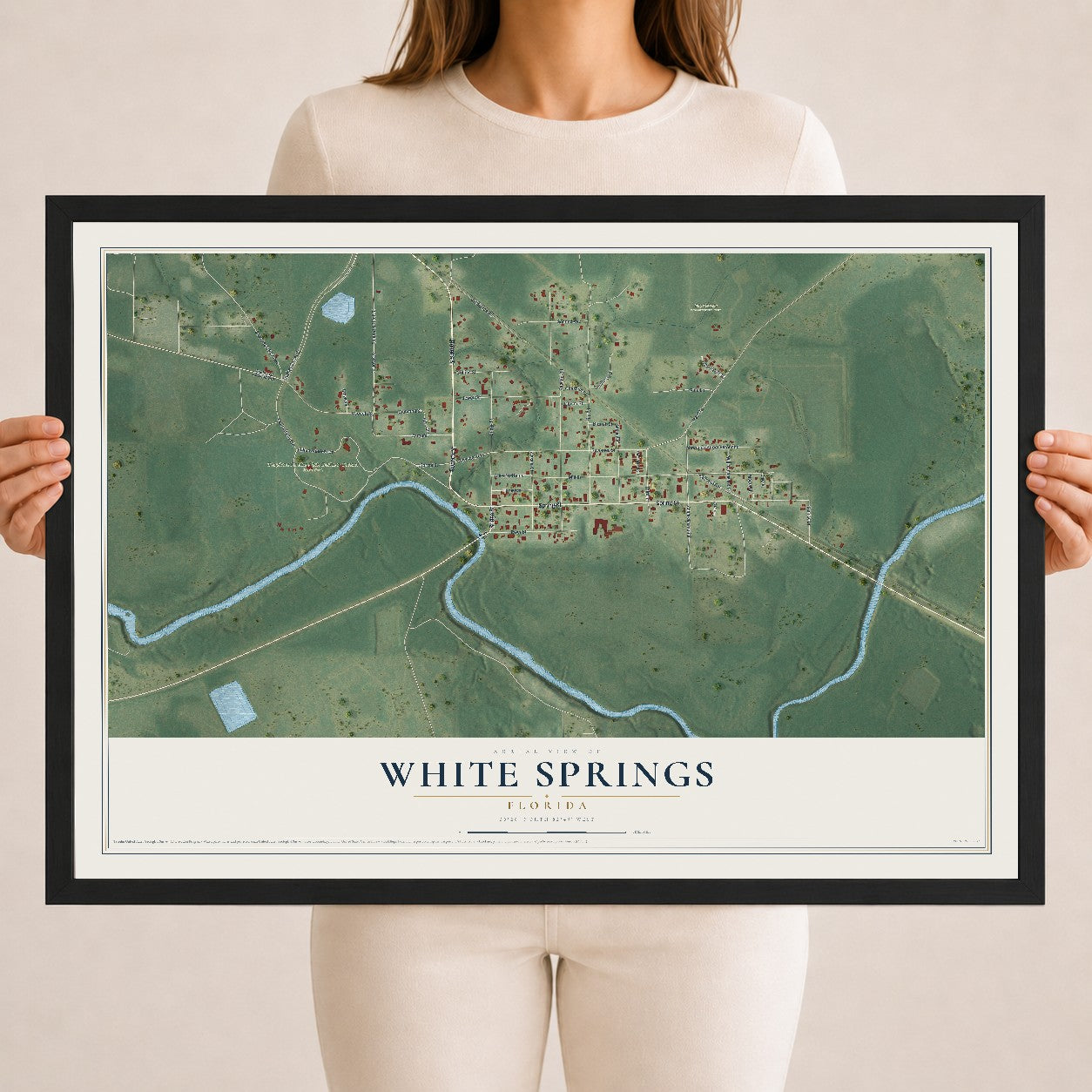 White Springs, Florida map print, 18" x 24" W/ Black Ayous Wood Frame mockup