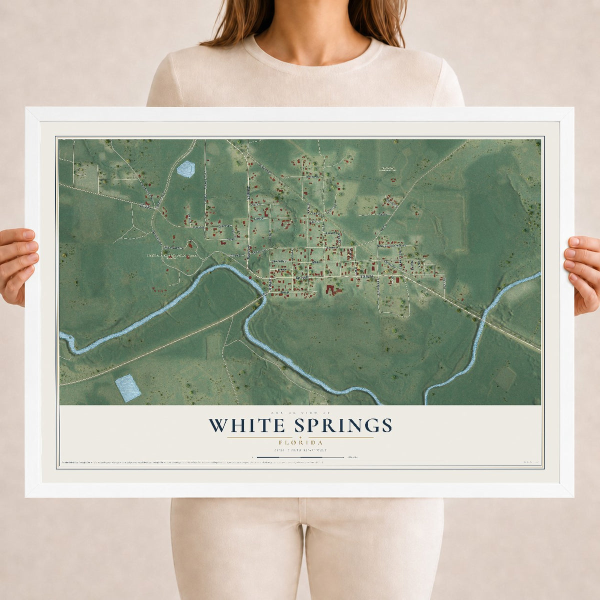 White Springs, Florida map print, 18" x 24" W/ White Ayous Wood Frame mockup