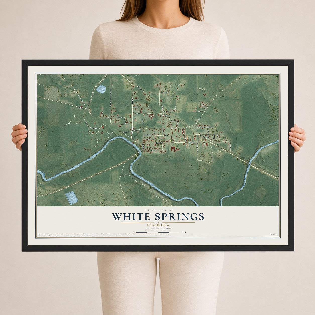 White Springs, Florida map print, 24" x 36" W/ Black Ayous Wood Frame mockup