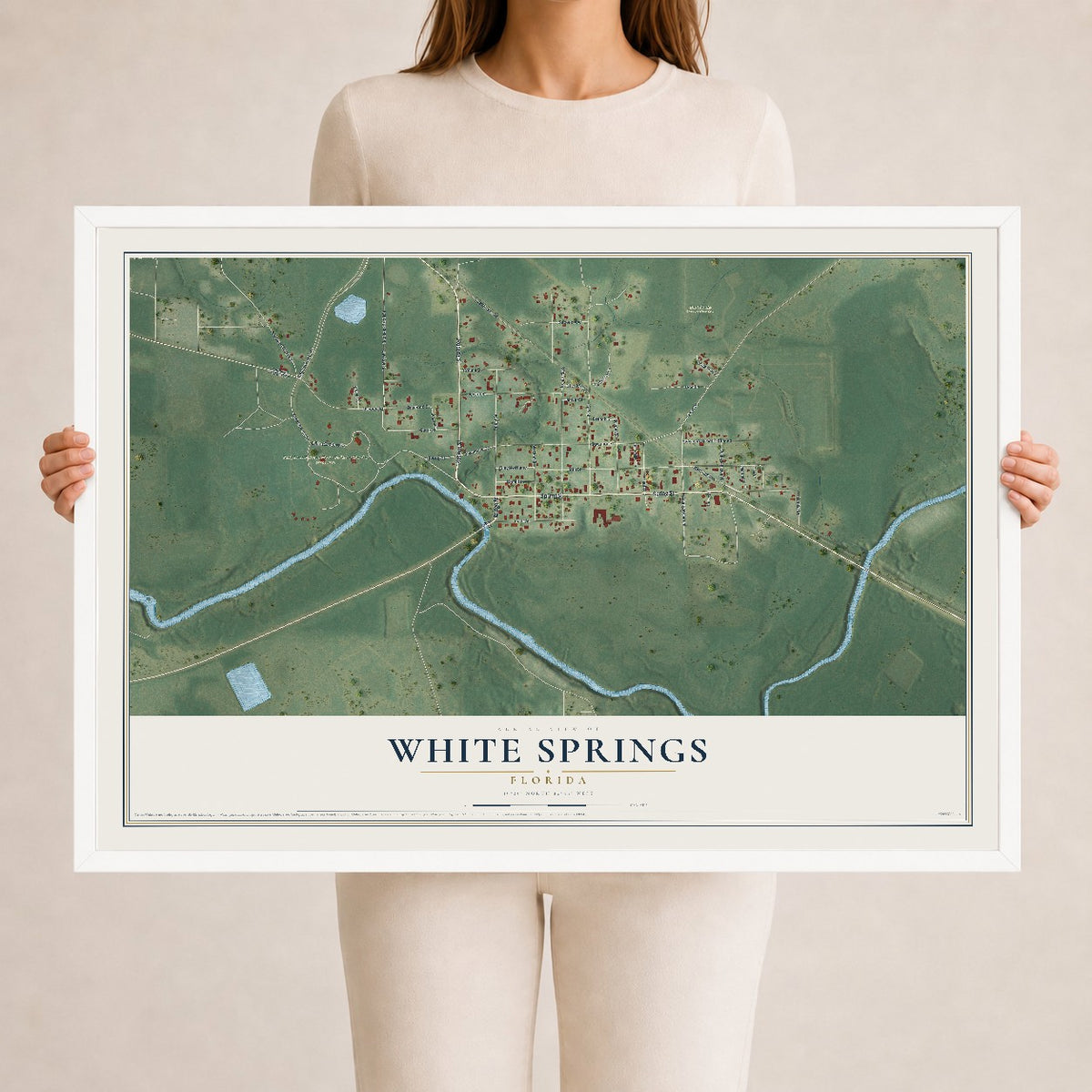 White Springs, Florida map print, 24" x 36" W/ White Ayous Wood Frame mockup