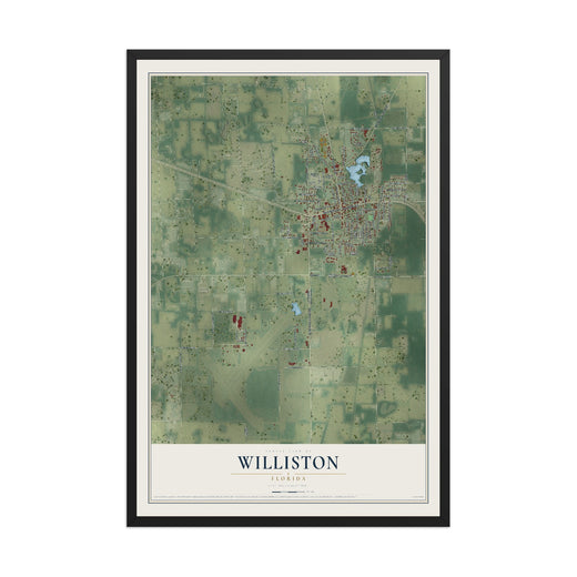 Map of Williston, Florida, 12 x 18 inch print in a black wood frame