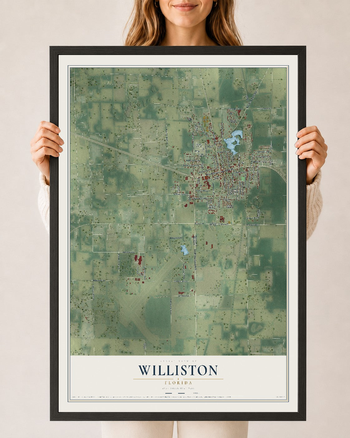 Williston, Florida map print, 24" x 36" W/ Black Ayous Wood Frame mockup