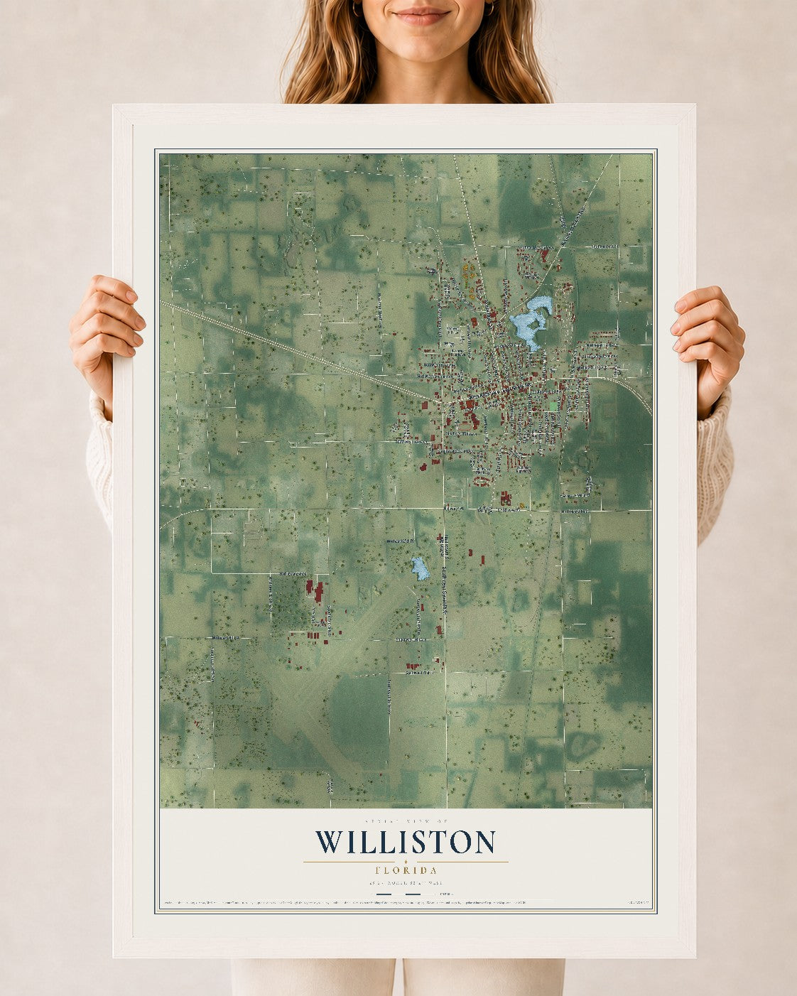 Williston, Florida map print, 24" x 36" W/ White Ayous Wood Frame mockup