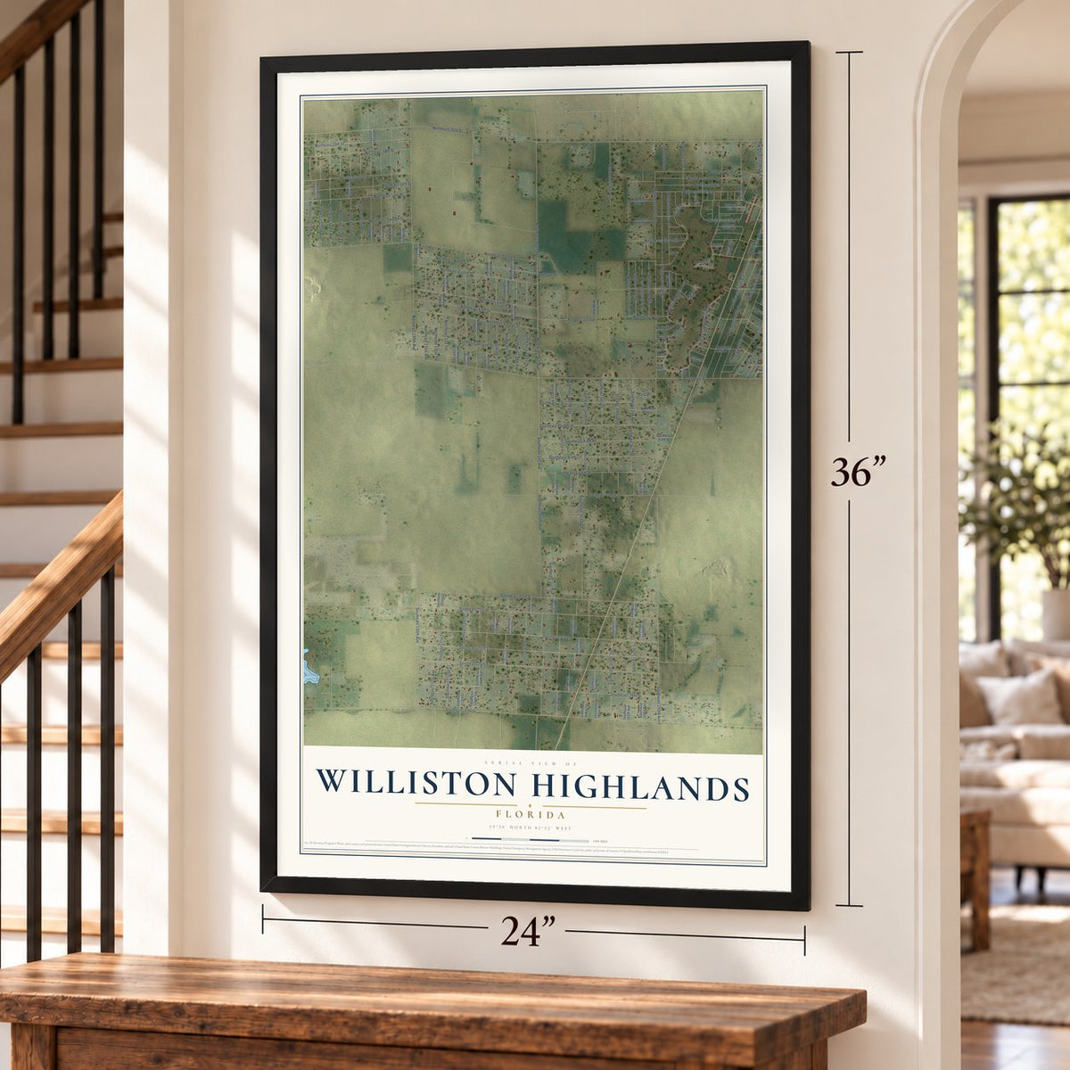 Williston Highlands, Florida map, 24 x 36 inch print in a black frame by a staircase