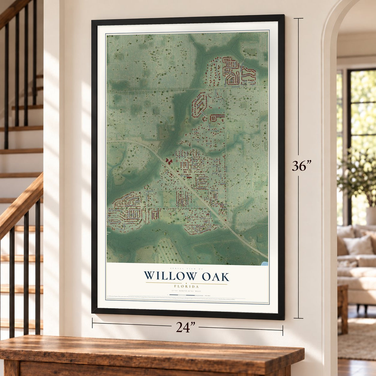 Willow Oak, Florida map, 24 x 36 inch print in a black frame by a staircase