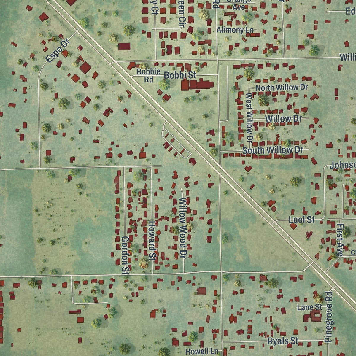 Close-up of the map of Willow Oak, Florida print showing street and building detail