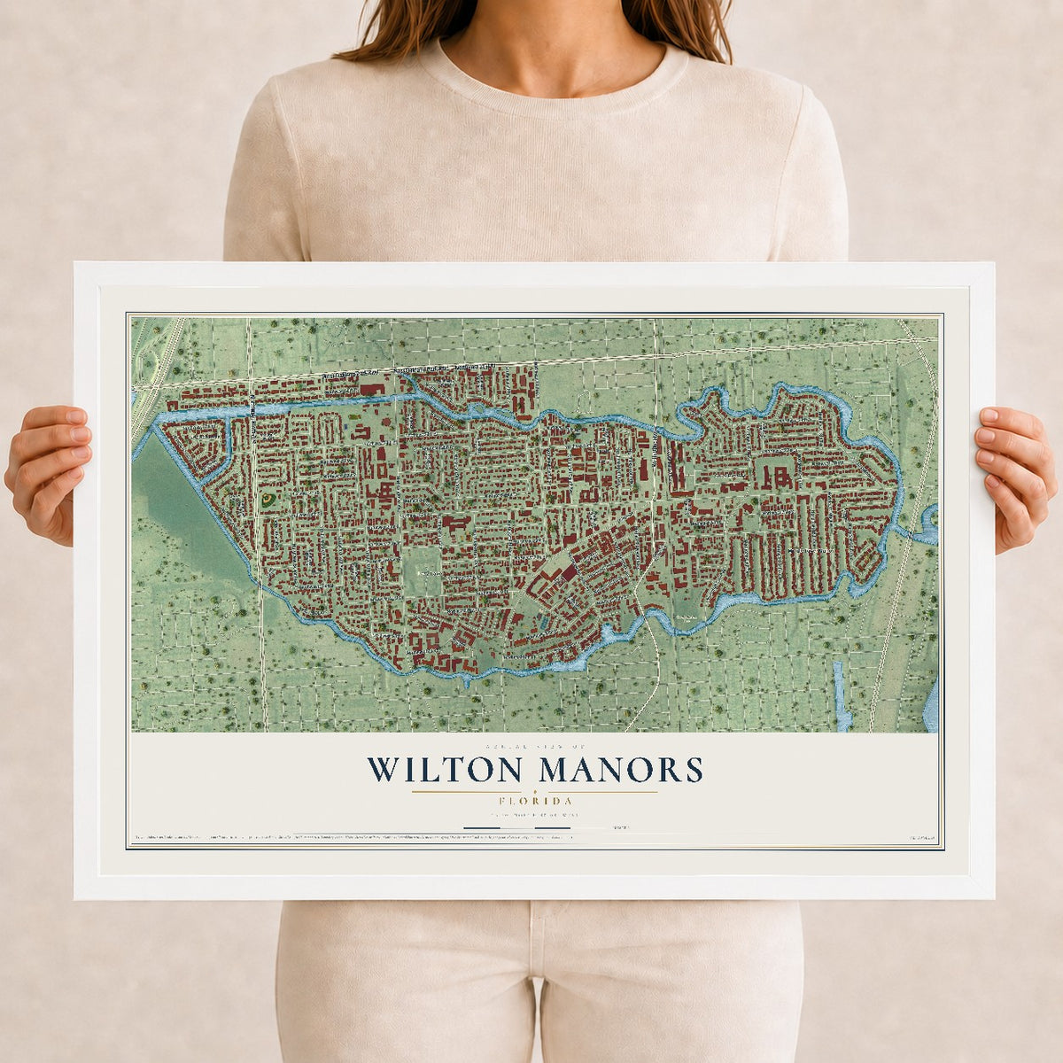 Wilton Manors, Florida map print, 12" x 18" W/ White Ayous Wood Frame mockup