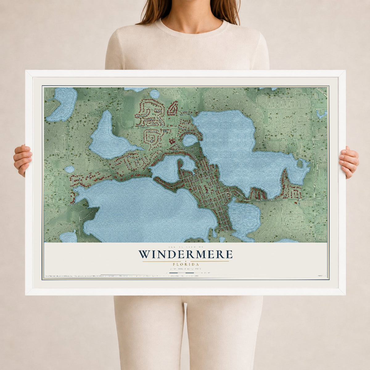 Windermere, Florida map print, 24" x 36" W/ White Ayous Wood Frame mockup