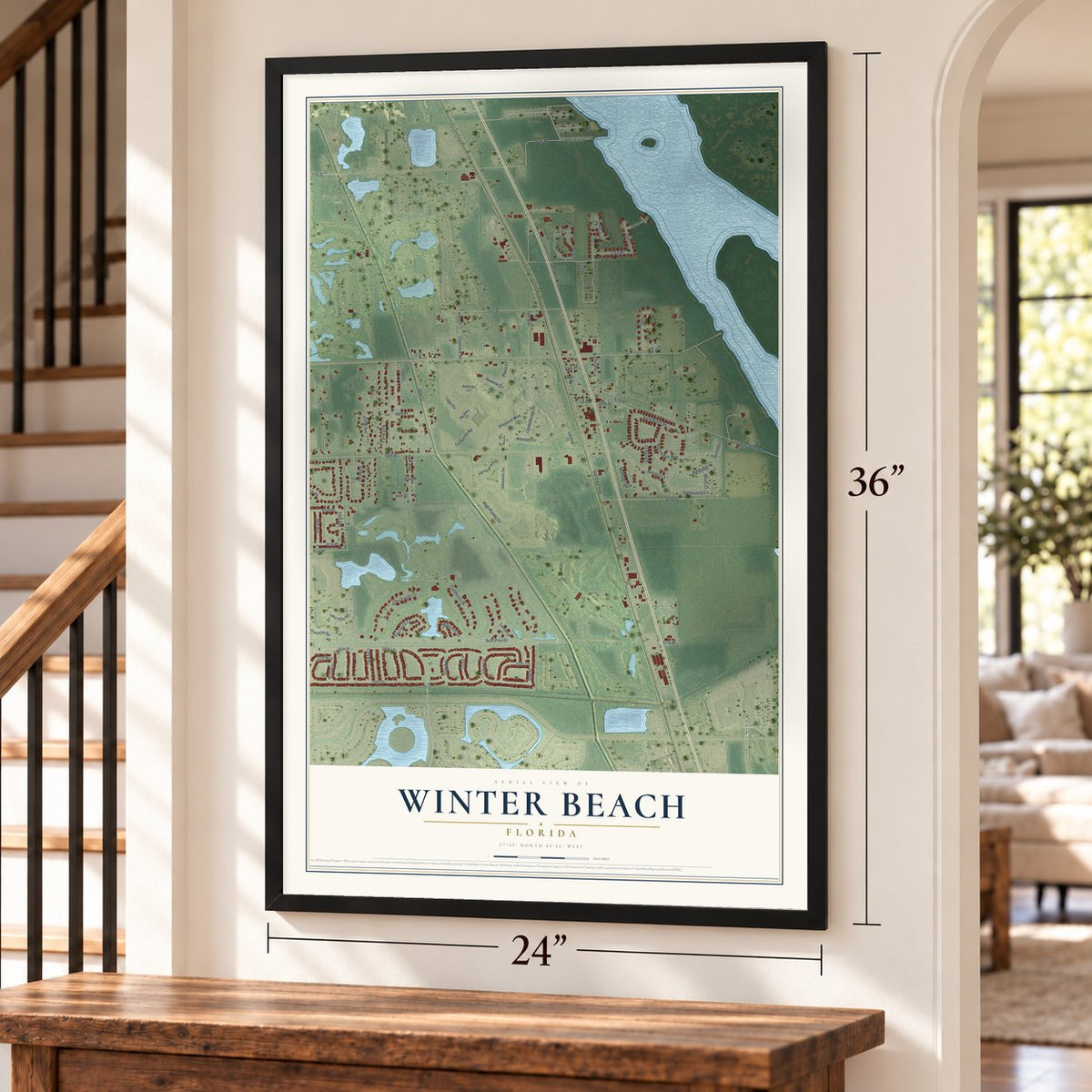 Winter Beach, Florida map, 24 x 36 inch print in a black frame by a staircase