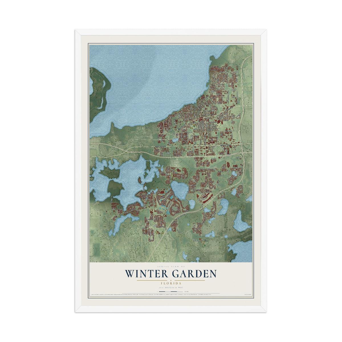 Winter Garden, Florida map print, 12" x 18" W/ White Ayous Wood Frame mockup