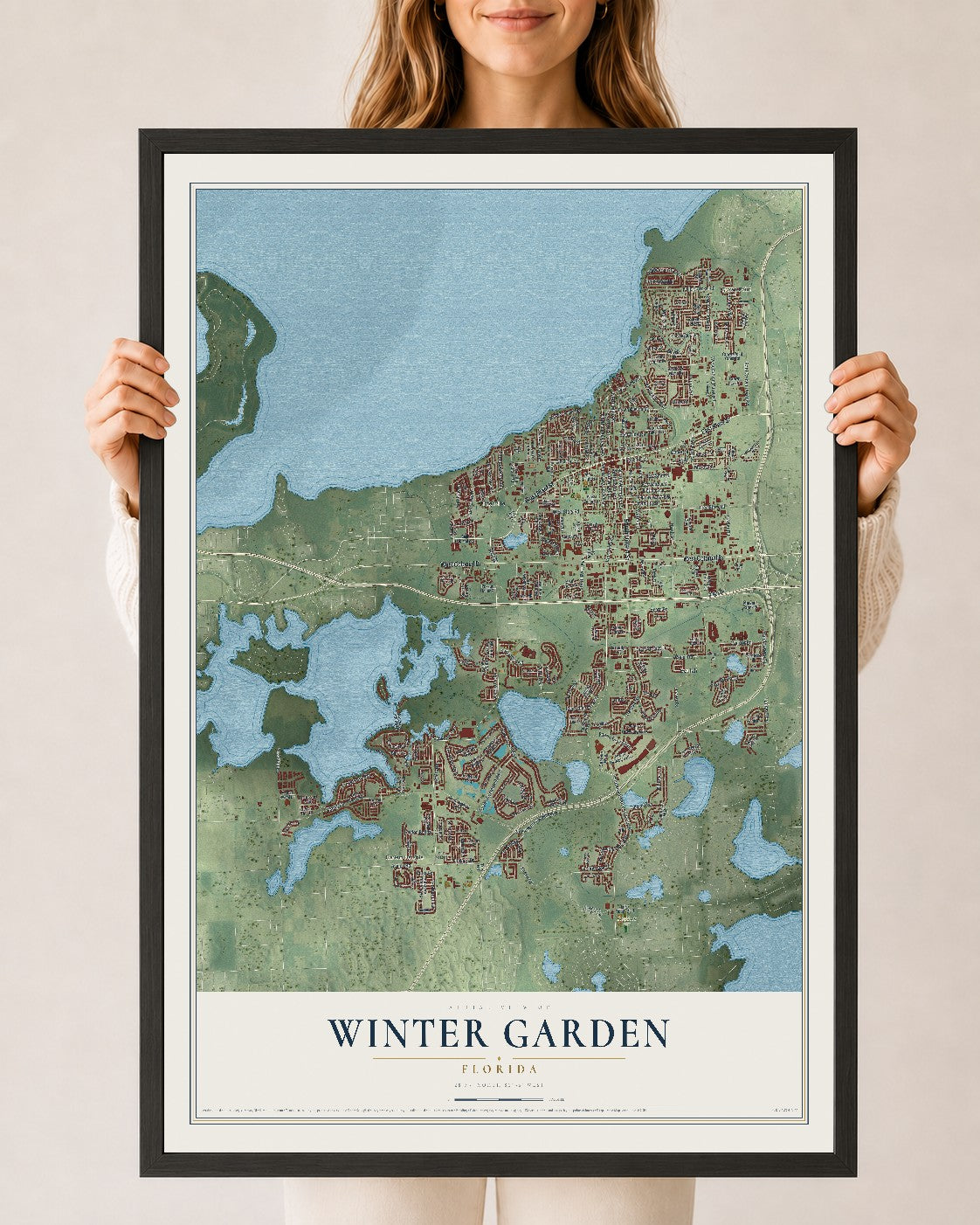Winter Garden, Florida map print, 24" x 36" W/ Black Ayous Wood Frame mockup