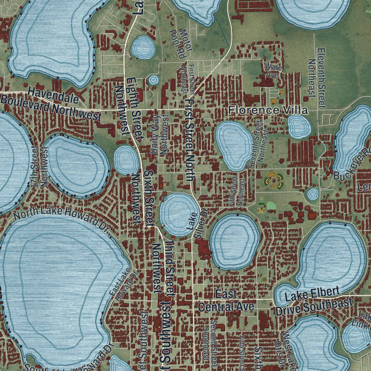 Close-up 1 of the Winter Haven, Florida map artwork