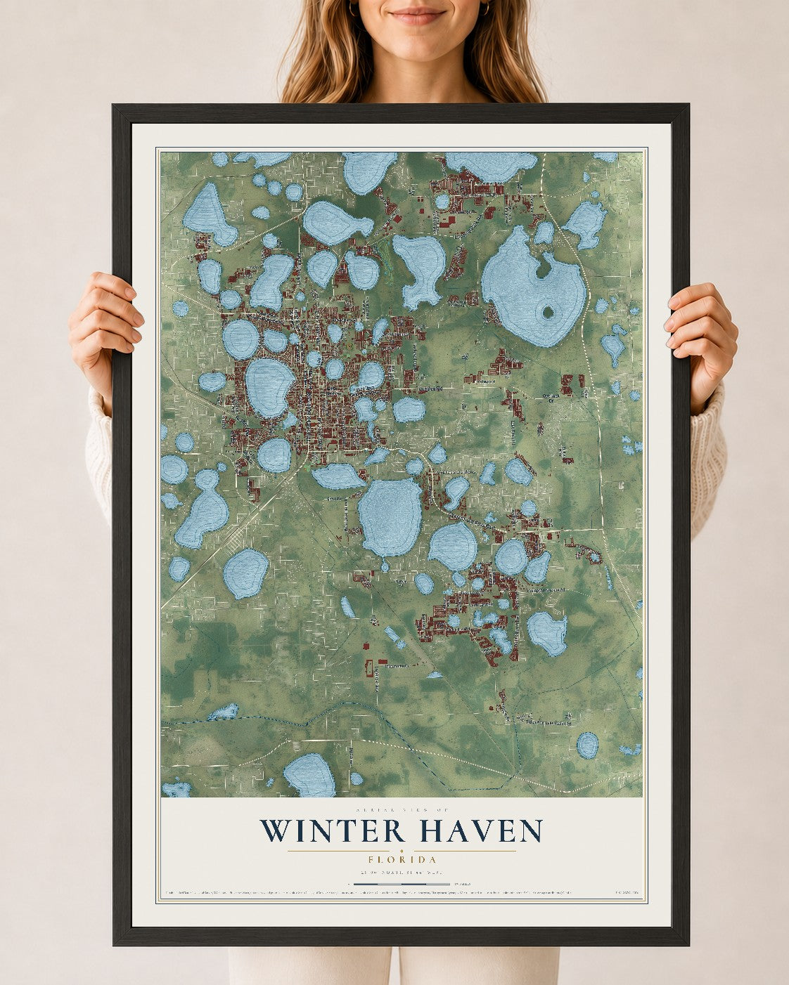 Winter Haven, Florida map print, 24" x 36" W/ Black Ayous Wood Frame mockup