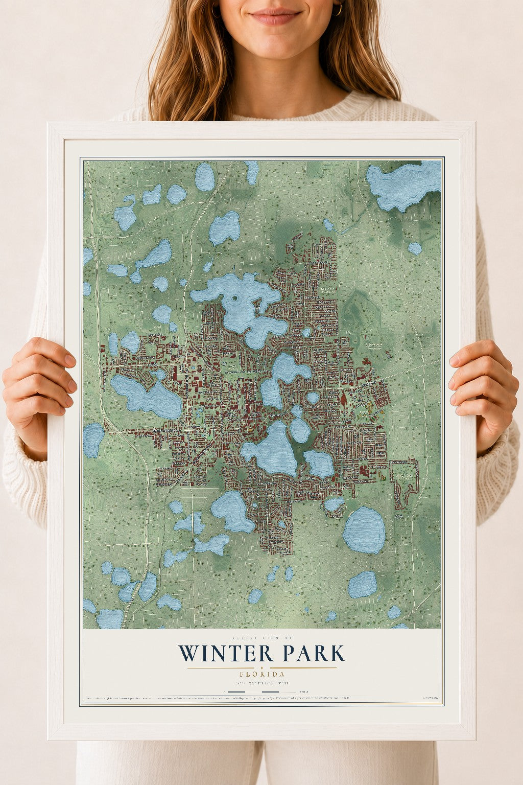 Winter Park, Florida map print, 18" x 24" W/ White Ayous Wood Frame mockup