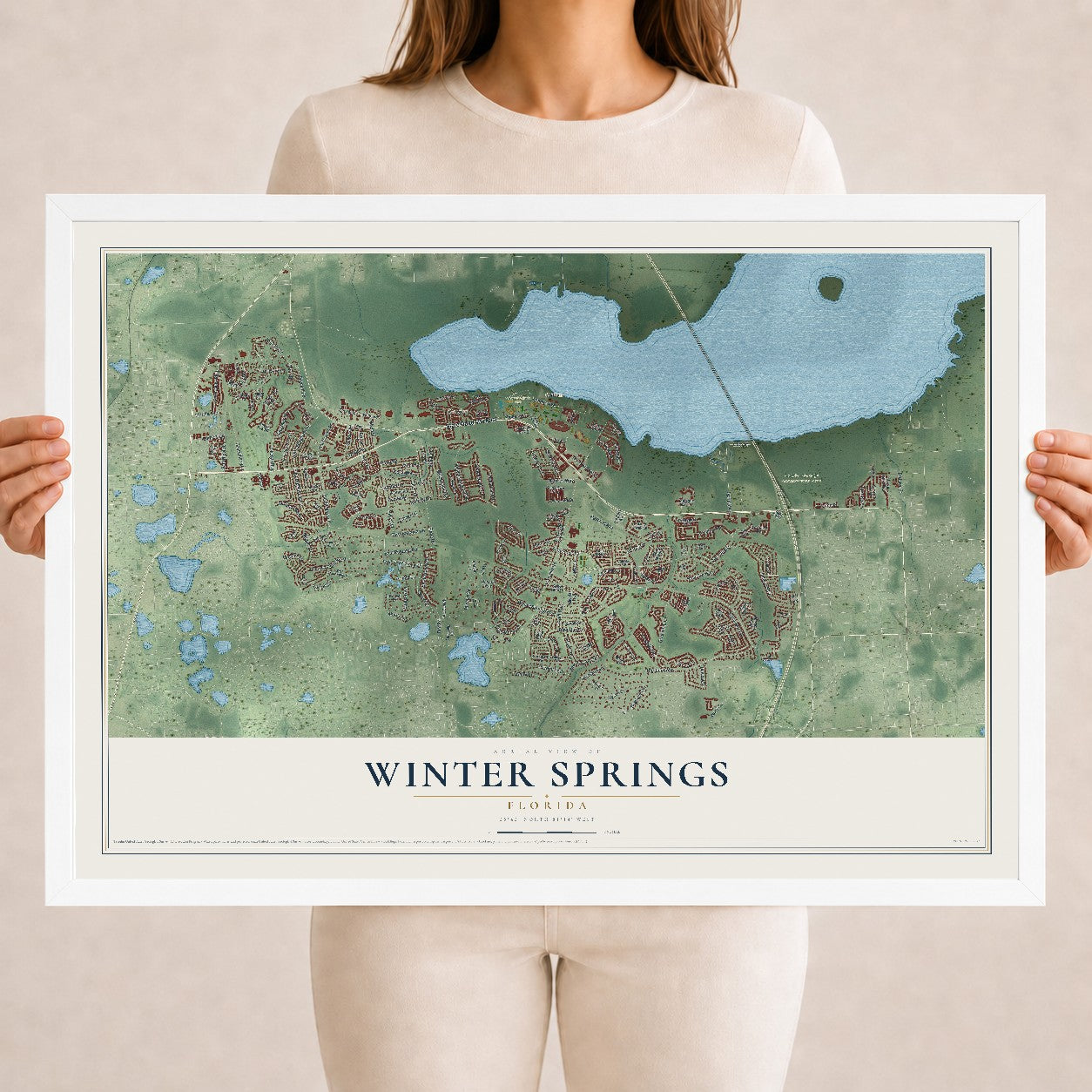Winter Springs, Florida map print, 18" x 24" W/ White Ayous Wood Frame mockup