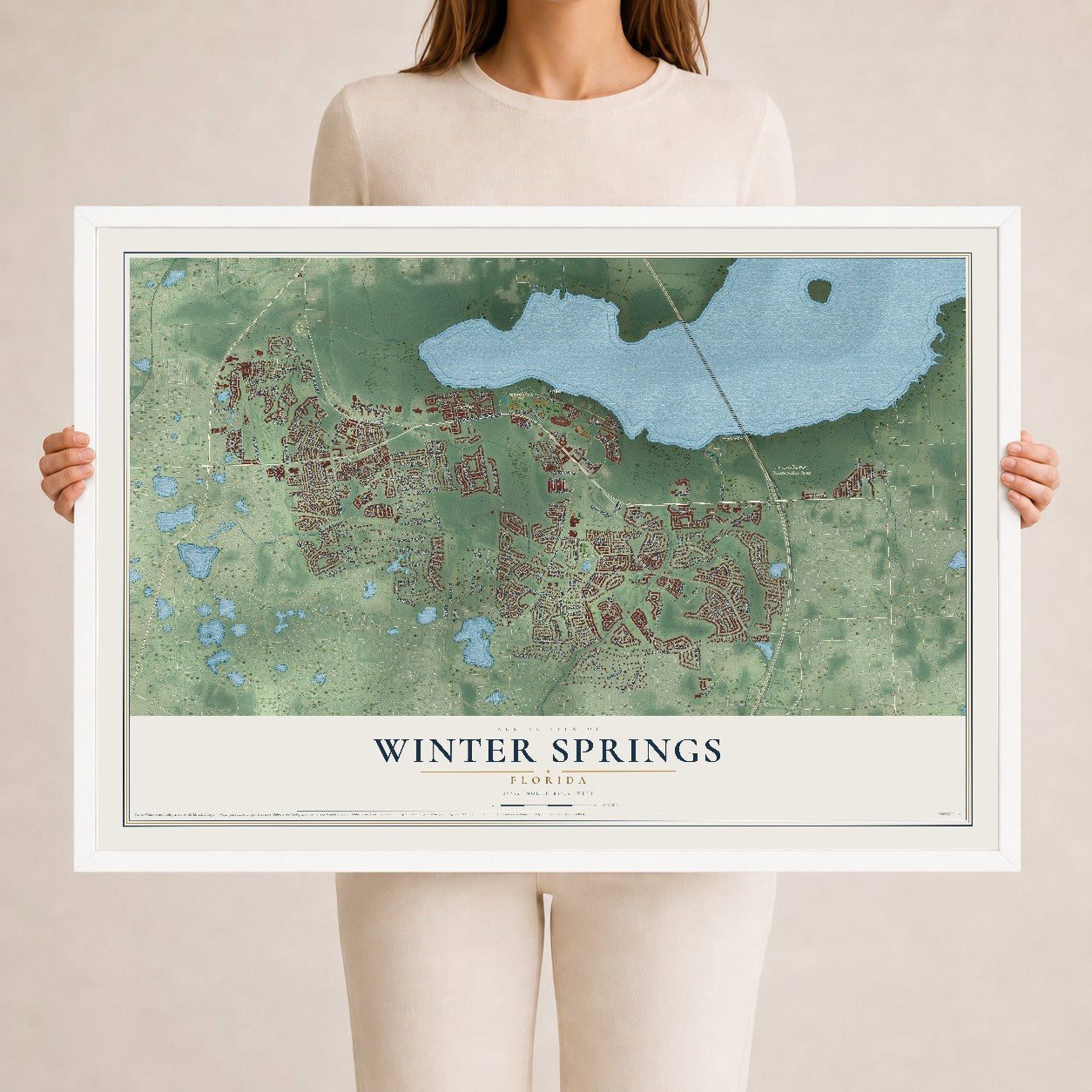 Winter Springs, Florida map print, 24" x 36" W/ White Ayous Wood Frame mockup