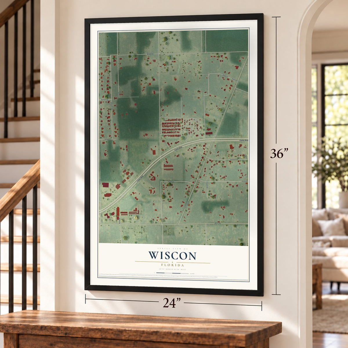Wiscon, Florida map, 24 x 36 inch print in a black frame by a staircase