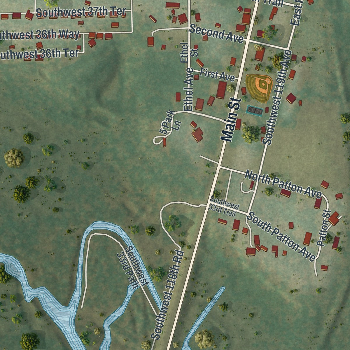 Close-up 1 of the Worthington Springs, Florida map artwork