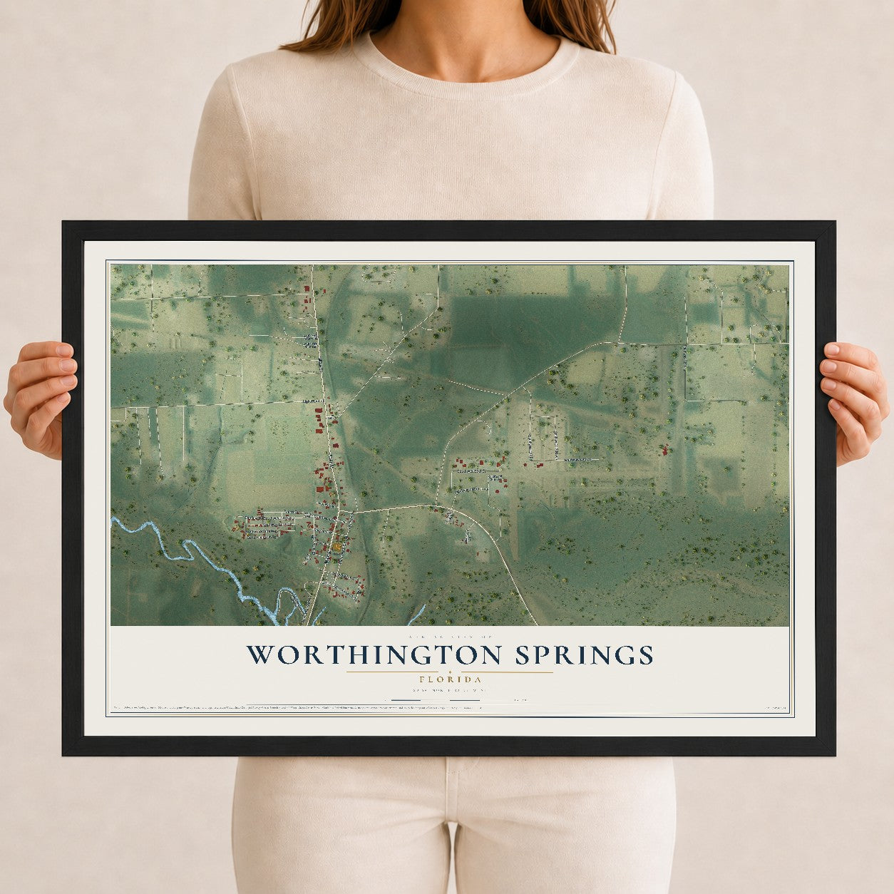 Worthington Springs, Florida map print, 12" x 18" W/ Black Ayous Wood Frame mockup