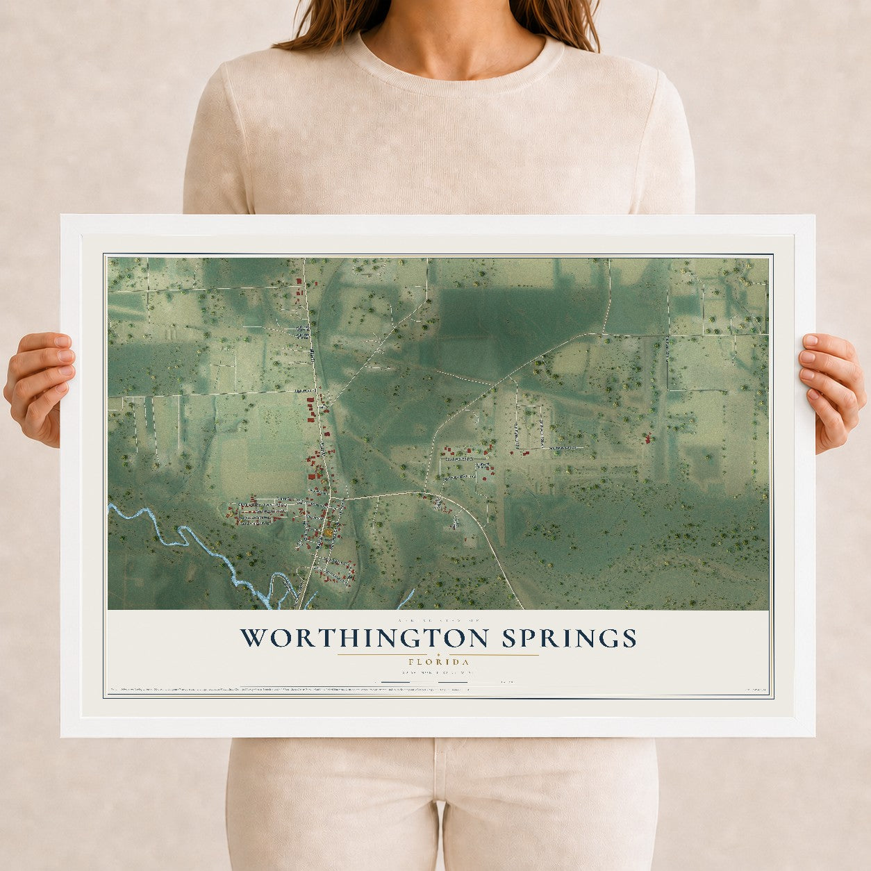 Worthington Springs, Florida map print, 12" x 18" W/ White Ayous Wood Frame mockup